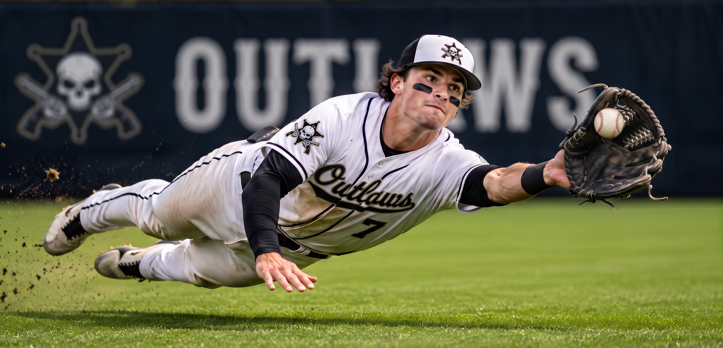 Outfielder diving for ball with No Errors baseball glove 