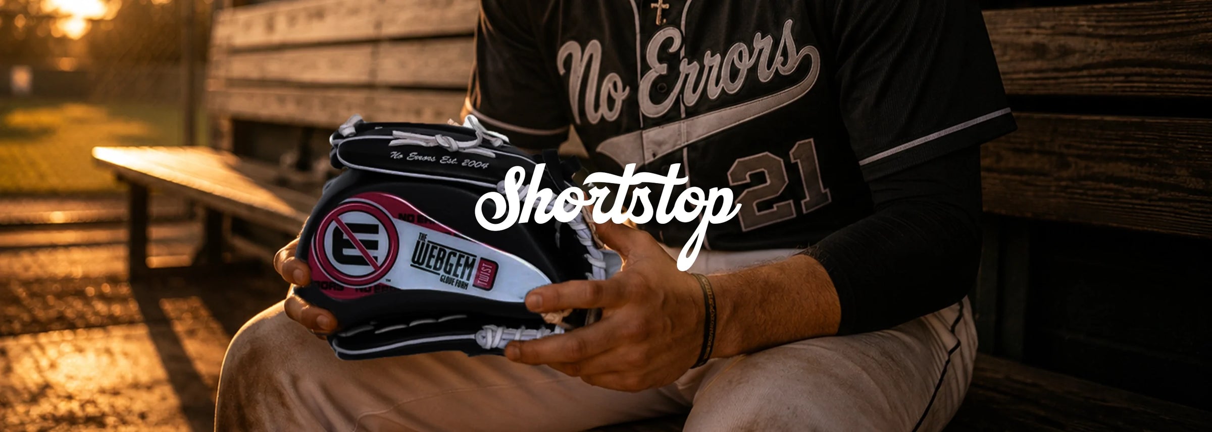 Softball or Baseball player on bench holding No Errors Shortstop Webgem 