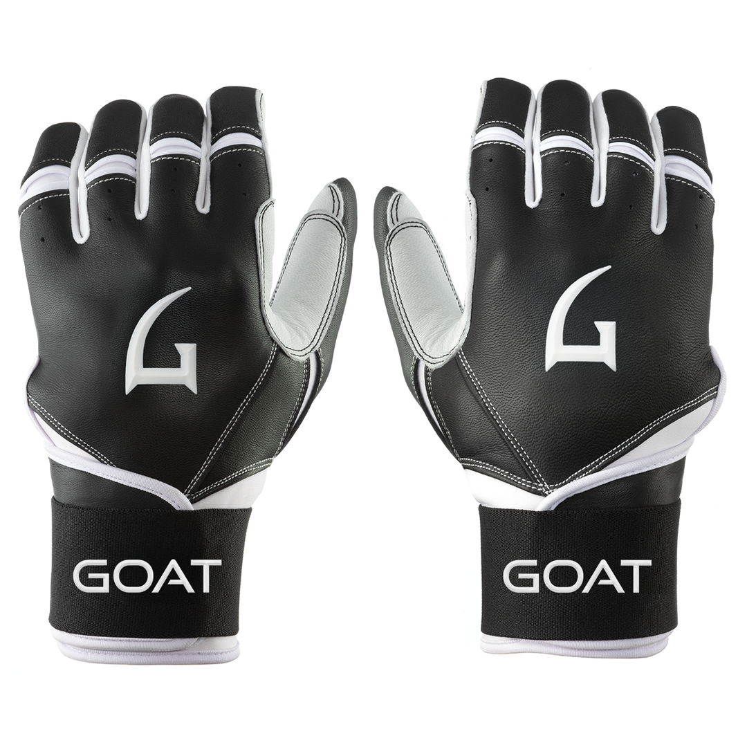 Black and white gloves with 'GOAT' branding on a white background