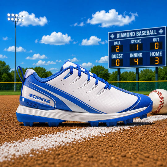 Side view of youth baseball and softball cleat in royal blue by SQAIRZ