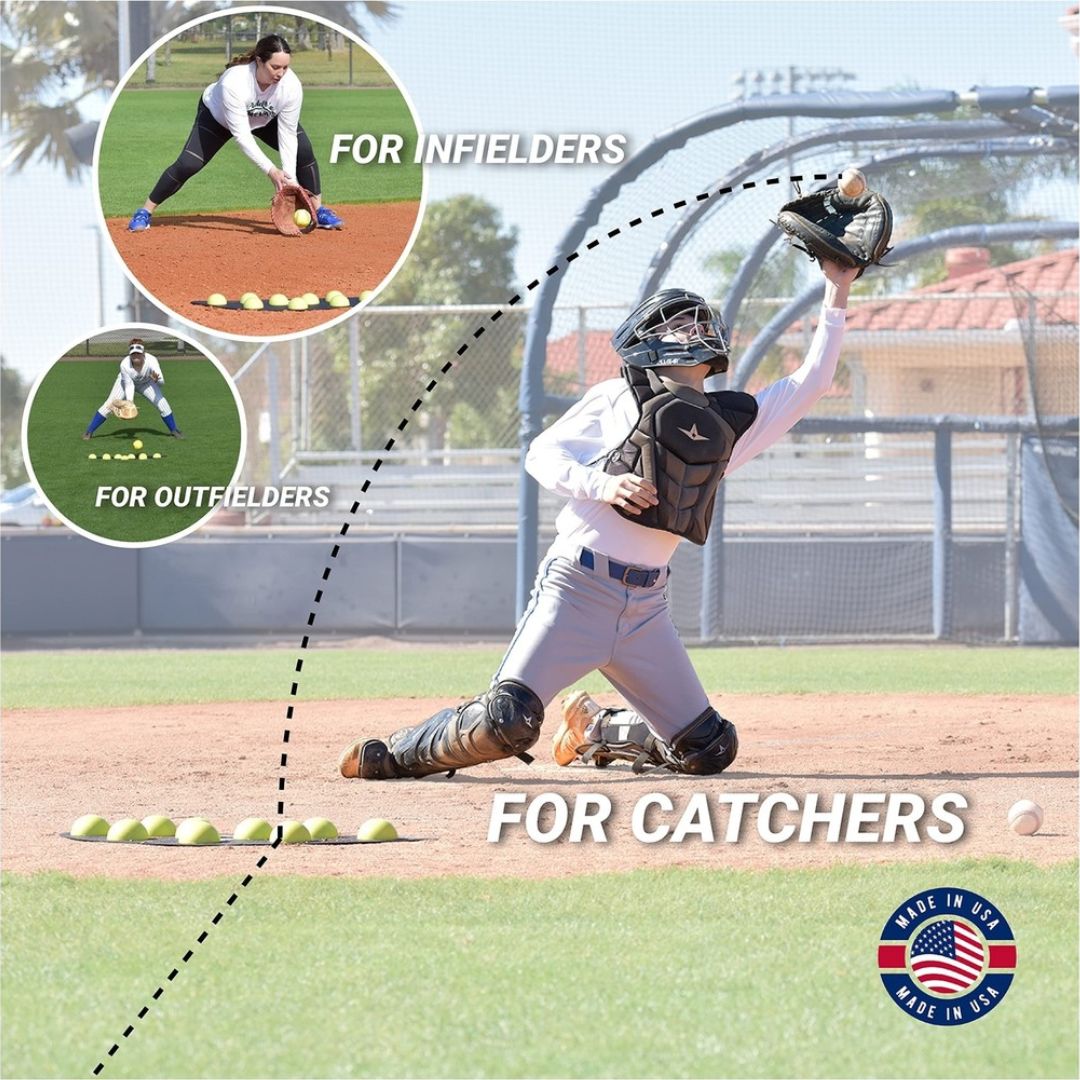 Catcher in action with text indicating use for infielders, outfielders, and catchers on a baseball field.