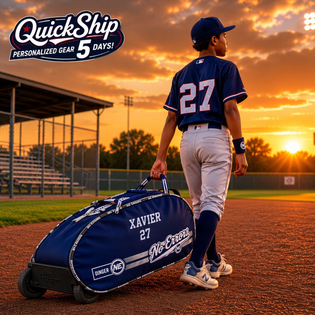 Get your player rollerbag customized for baseball or softball with No Errors QuickShip Program an embroidered bag ships in 5 days