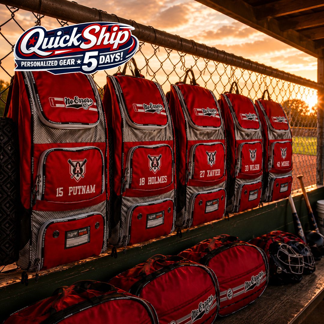 Customized team backpack bags with logo, name and number delivered fast from No Errors