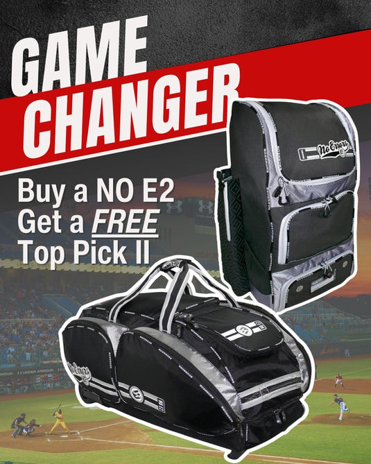 Image of a free backpack promotion with the purchase of a top-rated rollerbag for softball and baseball players. Offer displayed on a colorful banner.