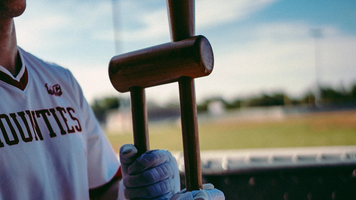 Hitter holding a swing trainer on a  baseball field with a blurred background