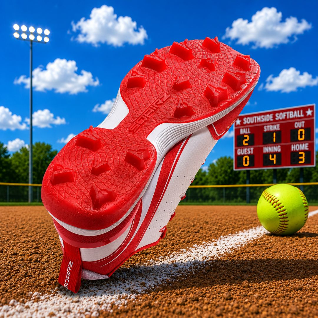 Molded cleats in red and white for baseball or softball 