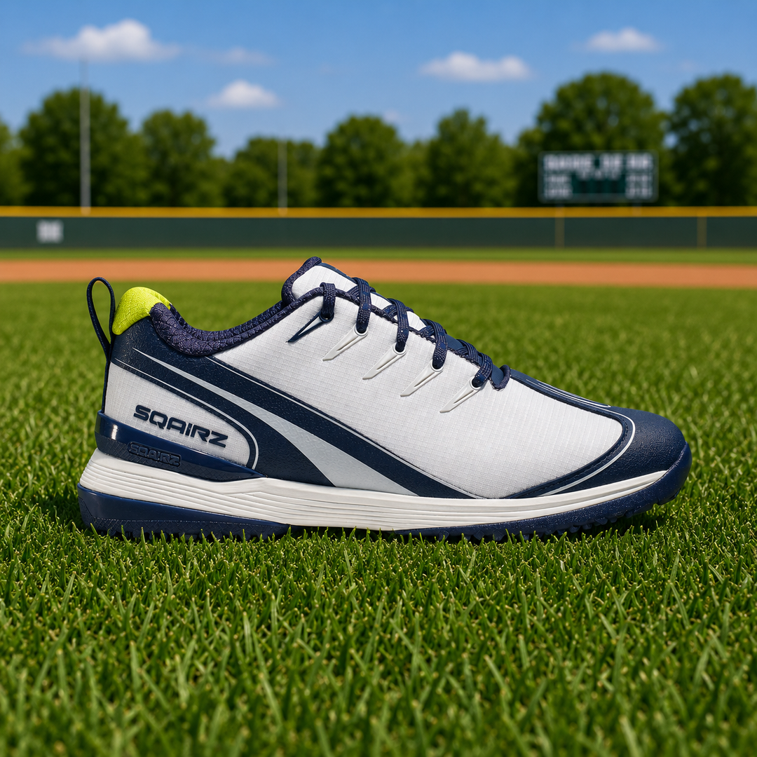 SQAIRZ GFP2 women's navy softball turf shoes in white and gray for turf fields batting cages and softball training