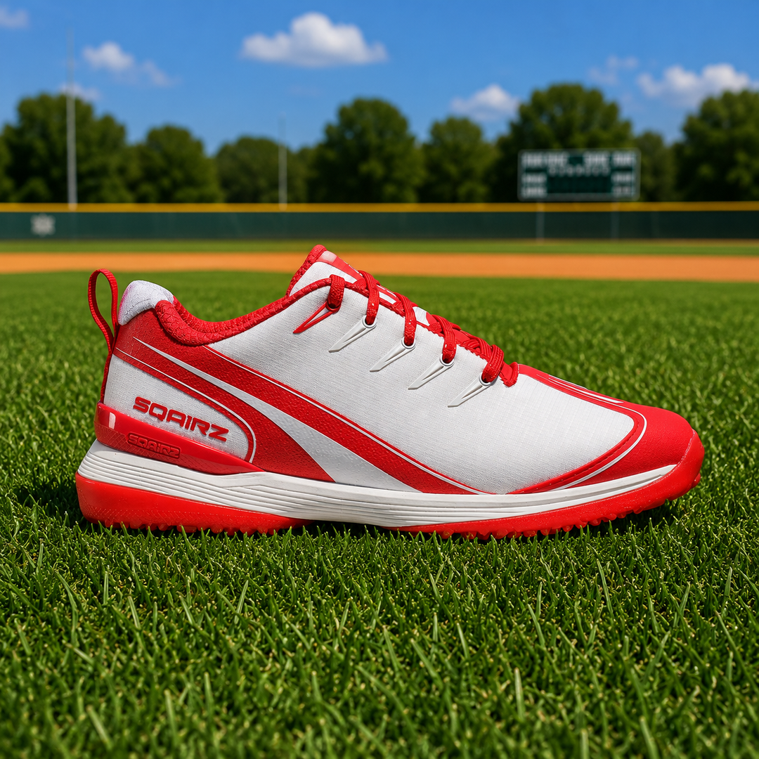SQAIRZ GFP2 women's red softball turf shoes in white and gray for turf fields batting cages and softball training