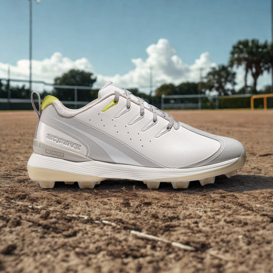 White and gray cleats on a baseball field for extra traction and grip
