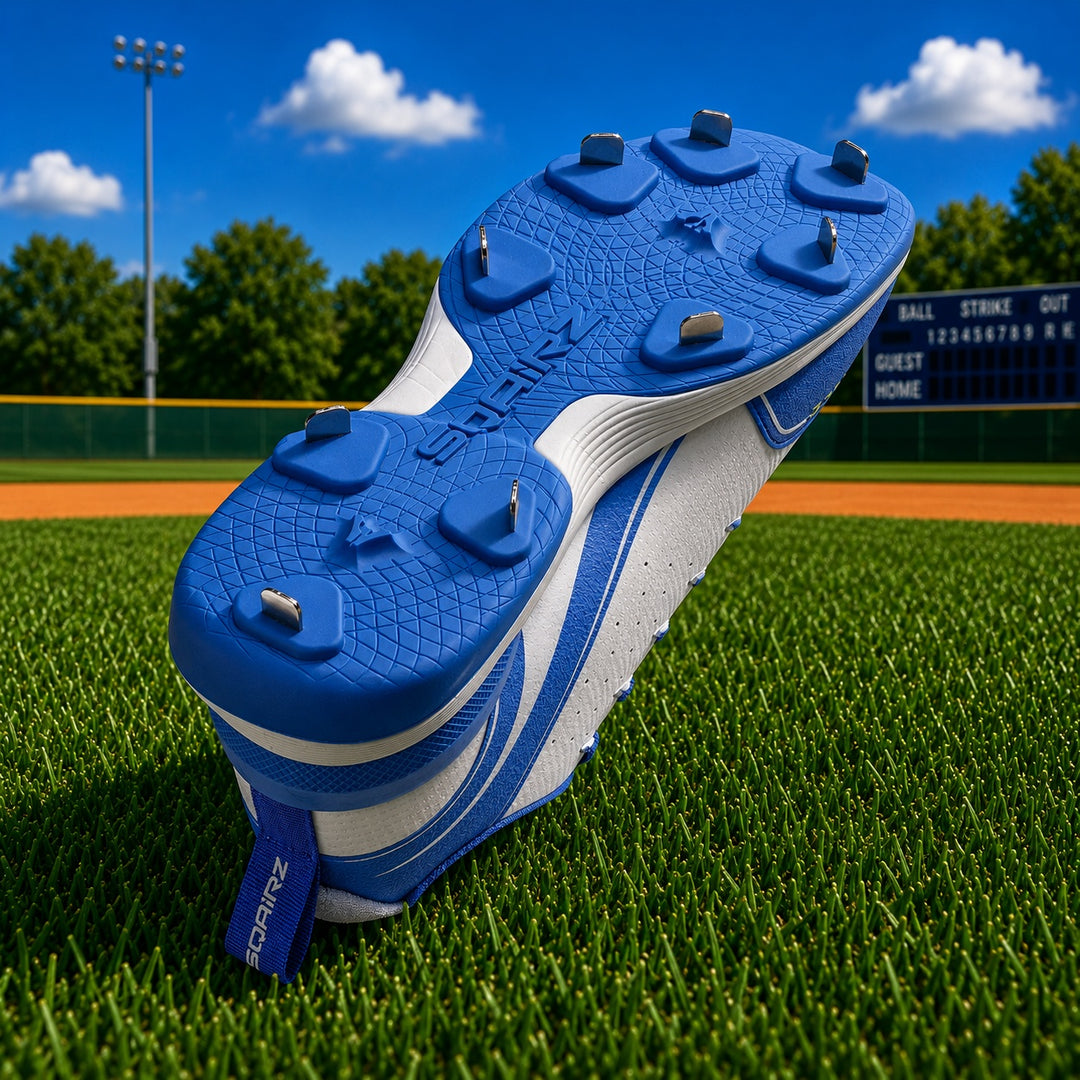 Bottom view of royal blue SQAIRZ metal baseball cleats showing strategically placed metal spikes for maximum traction, explosive acceleration and confident footing on natural grass