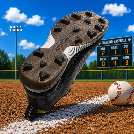 Bottom view of a black SQAIRZ youth baseball cleat featuring a translucent outsole and molded traction pattern designed for balance, stability, and grip for boys on the field.