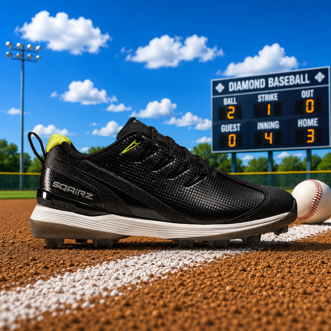 Outsole view of a black SQAIRZ youth baseball and softball cleat highlighting the traction pattern, molded studs, and performance design for boys and girls.