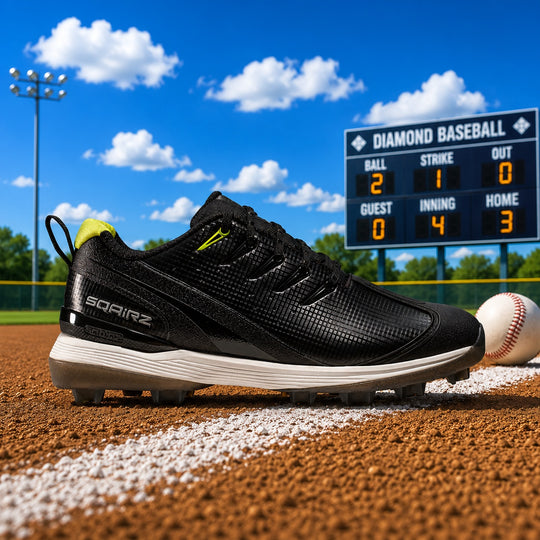 Outsole view of a black SQAIRZ youth baseball and softball cleat highlighting the traction pattern, molded studs, and performance design for boys and girls.