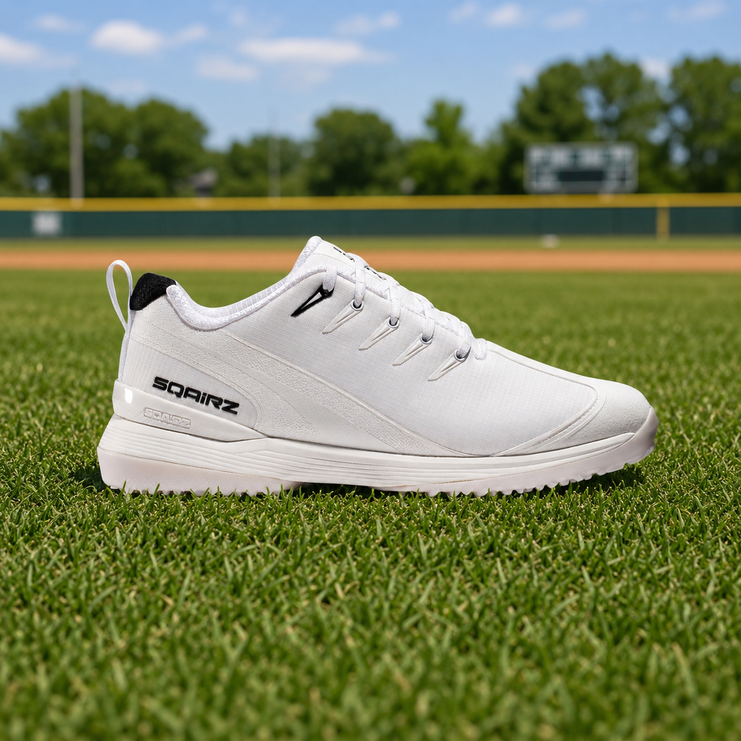 Side profile of SQAIRZ GFP2 women's softball turf shoe featuring wide toe box breathable upper and turf traction outsole
