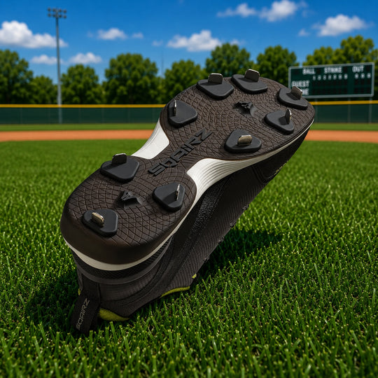 Bottom view of SQAIRZ metal baseball cleats showing strategically placed metal spikes for maximum traction, explosive acceleration and confident footing on natural grass.