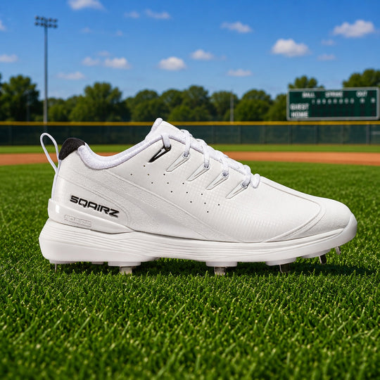 SQAIRZ men's white metal baseball cleats side profile featuring a wide toe box design engineered to improve balance, stability and power generation on the baseball field.