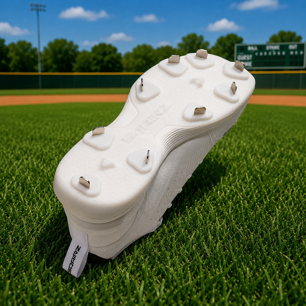 Bottom view of SQAIRZ metal baseball cleats showing strategically placed metal spikes for maximum traction, explosive acceleration and confident footing on natural grass.