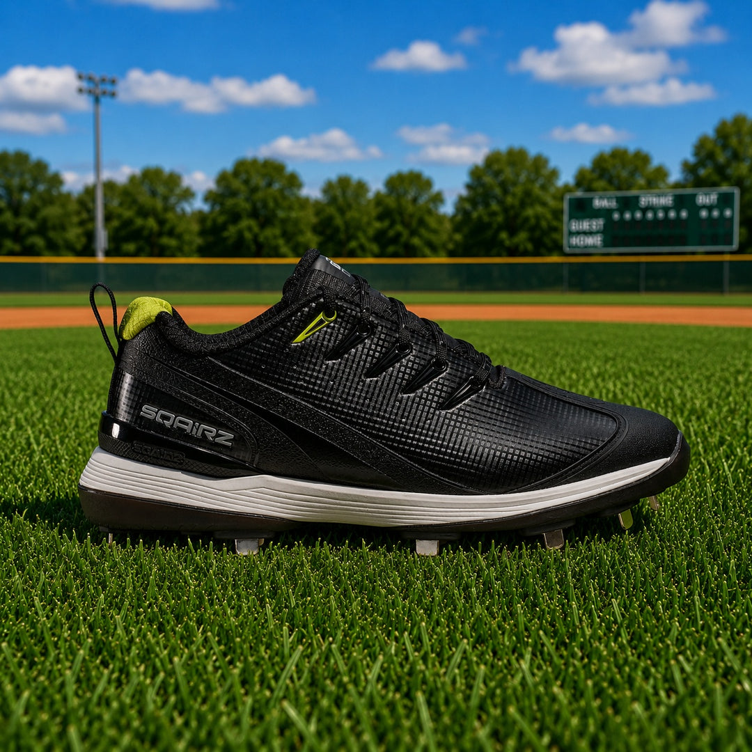 SQAIRZ men's metal black baseball cleats side profile featuring a wide toe box design engineered to improve balance, stability and power generation on the baseball field.