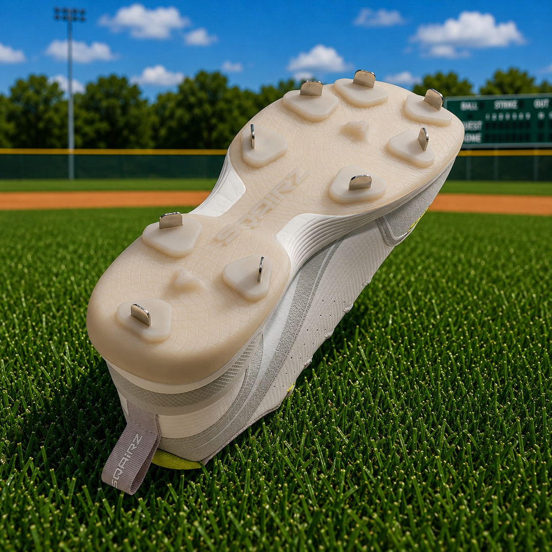 Bottom view of SQAIRZ metal baseball cleats showing strategically placed metal spikes for maximum traction, explosive acceleration and confident footing on natural grass.