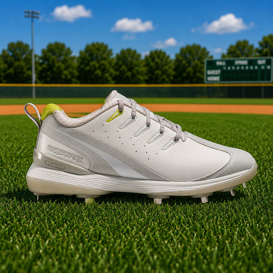 SQAIRZ men's metal baseball gray cleats side profile featuring a wide toe box design engineered to improve balance, stability and power generation on the baseball field.