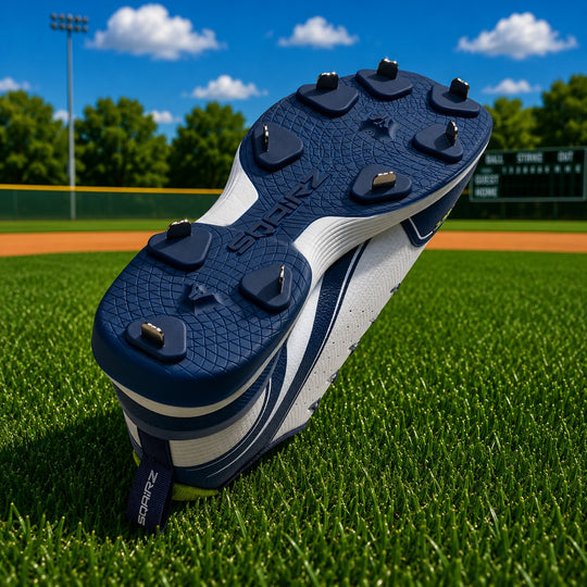Bottom view of SQAIRZ metal navy baseball cleats showing strategically placed metal spikes for maximum traction, explosive acceleration and confident footing on natural grass.