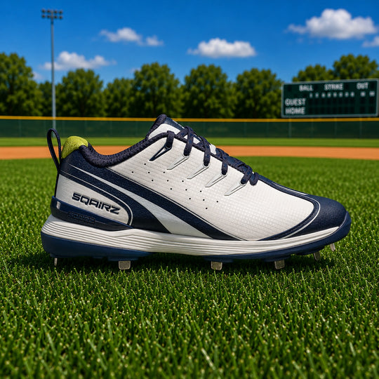 SQAIRZ men's metal baseball cleats side profile featuring a wide toe box design engineered to improve balance, stability and power generation on the baseball field.