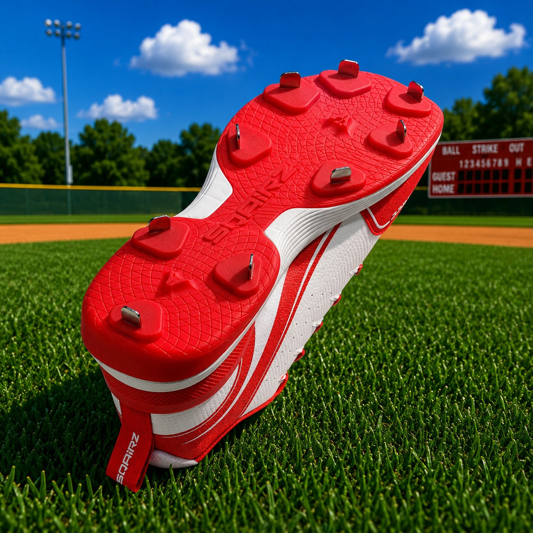 Bottom view of red SQAIRZ metal baseball cleats showing strategically placed metal spikes for maximum traction, explosive acceleration and confident footing on natural grass.