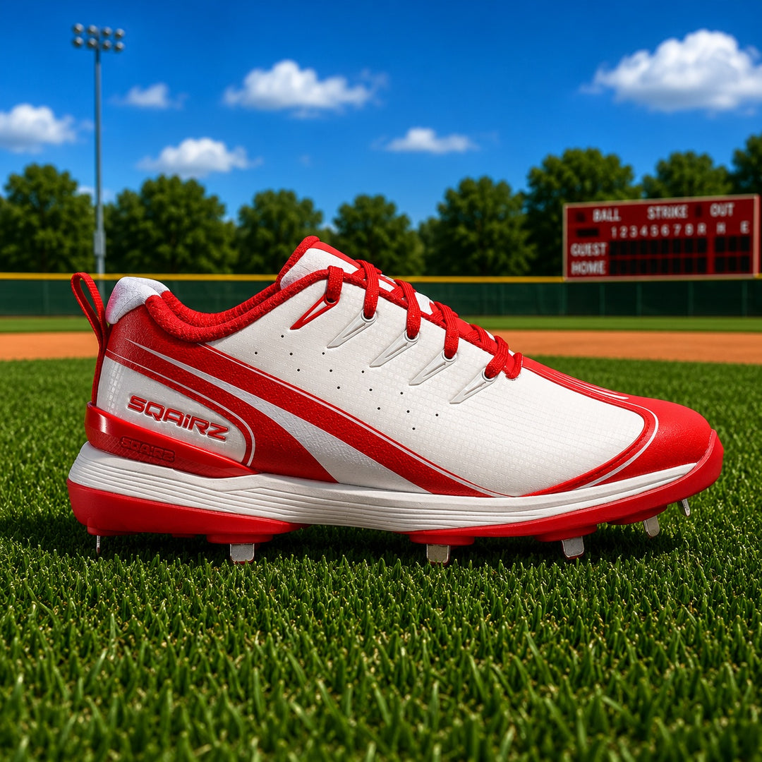 SQAIRZ men's red metal baseball cleats side profile featuring a wide toe box design engineered to improve balance, stability and power generation on the baseball field.