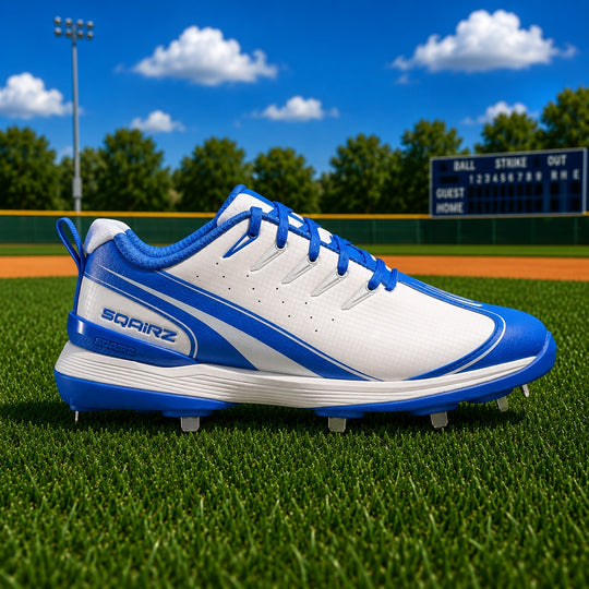 SQAIRZ men's metal baseball cleats side profile featuring a wide toe box design engineered to improve balance, stability and power generation on the baseball field.