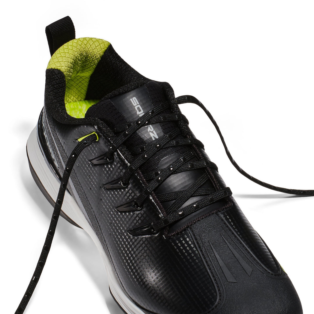 Black cleats with laces that stay in place from the silicon rubber stoppers