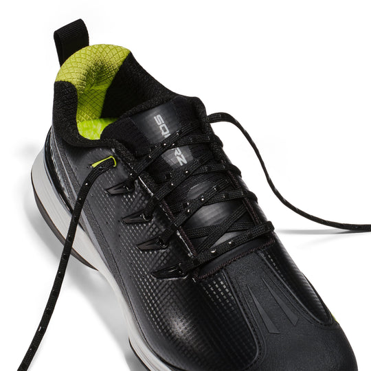 Black cleats with laces that stay in place from the silicon rubber stoppers