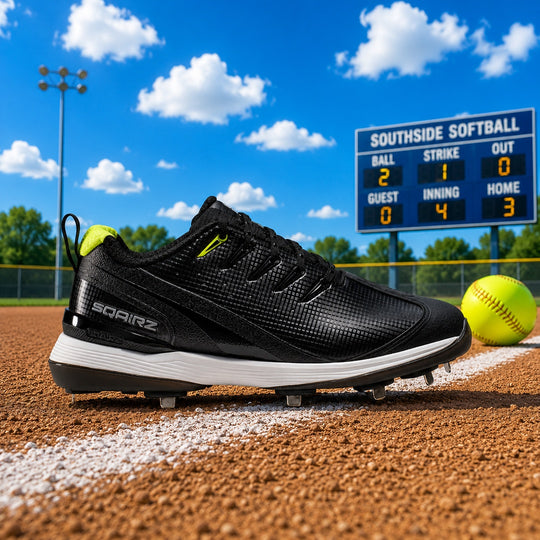Black softball shoe with cleats on a baseball field with a scoreboard in the background