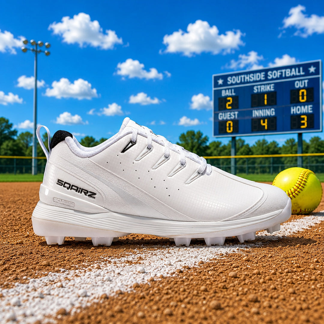 White softball cleat from SQAIRZ increases swing power with wide toe box
