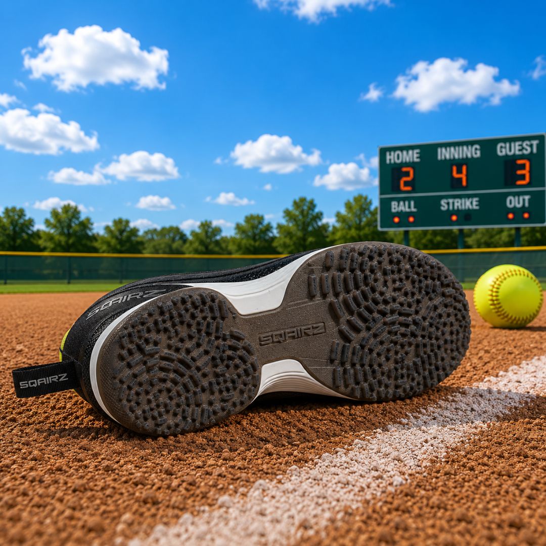 Youth SQAIRZ turf shoe sole engineered with durable rubber traction pods to improve grip, balance, and movement on baseball and softball turf fields.
