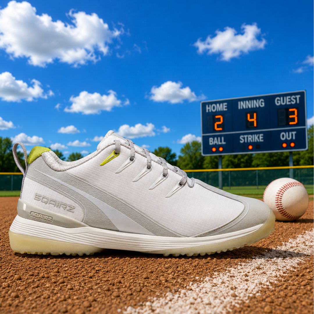 Youth SQAIRZ turf shoe with wide toe box design for improved stability, balance, and comfort during baseball and softball play.