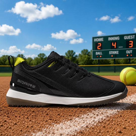 Youth SQAIRZ turf shoe with wide toe box design for improved stability, balance, and comfort during baseball and softball play.