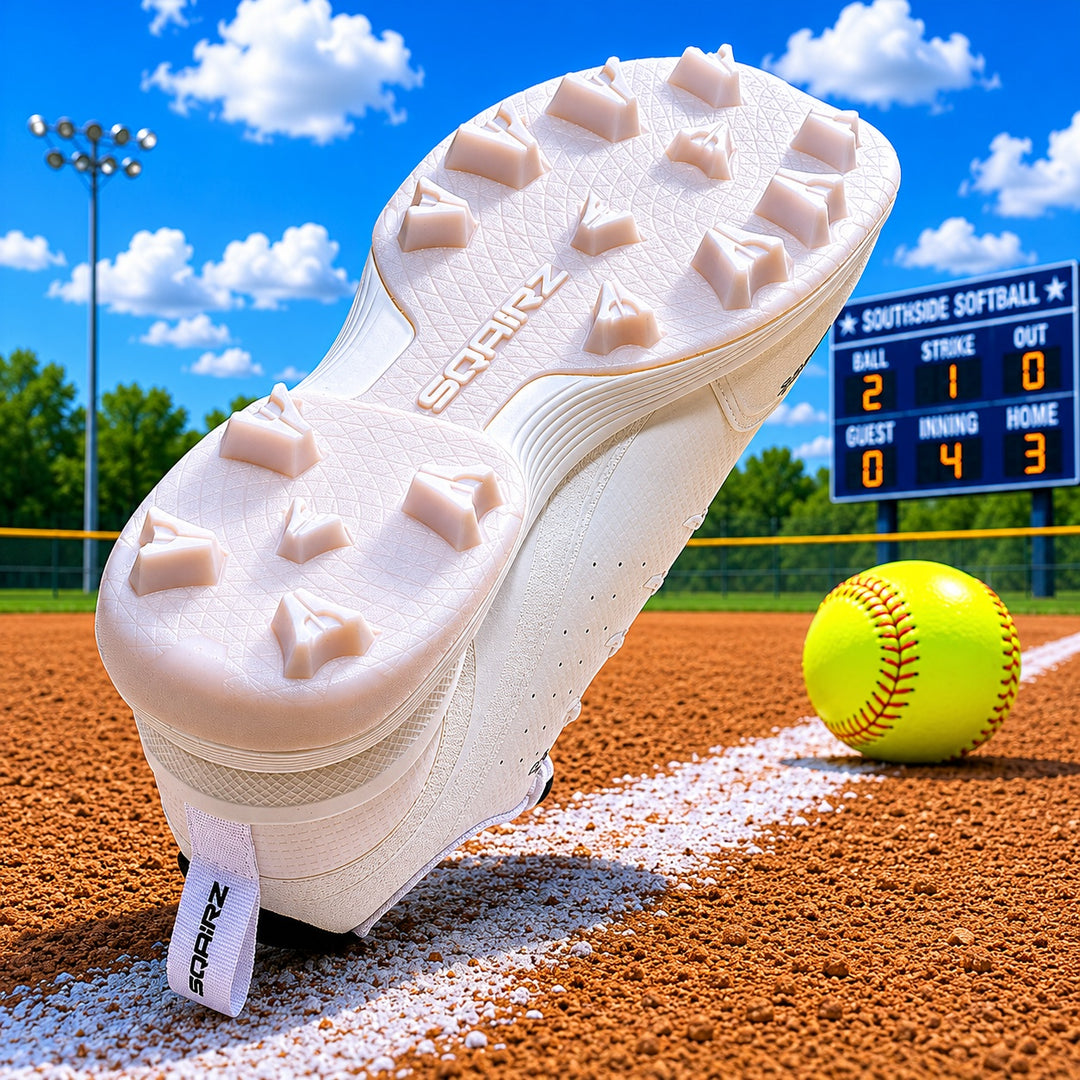 Bottom view of a SQAIRZ youth baseball cleat featuring a translucent outsole and molded traction pattern designed for balance, stability, and grip for boys on the field.