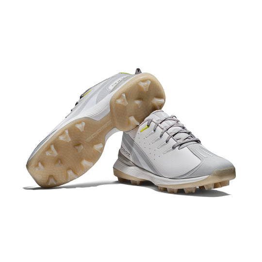 Full pair of gray white SQAIRZ youth baseball and softball molded cleats designed for boys and girls, featuring a wide toe box for comfort, balance, and athletic performance.