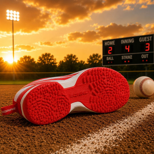 Youth SQAIRZ turf shoe sole engineered with durable rubber traction pods to improve grip, balance, and movement on baseball and softball turf fields.