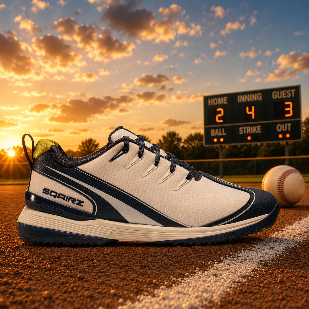 navy youth baseball and softball turf shoes in blue and white on an artificial turf baseball field under blue skies, designed for comfort, traction, and all-day performance.