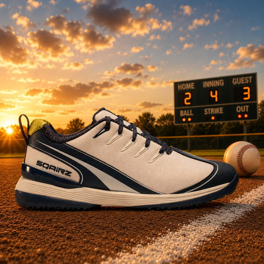 navy youth baseball and softball turf shoes in blue and white on an artificial turf baseball field under blue skies, designed for comfort, traction, and all-day performance.