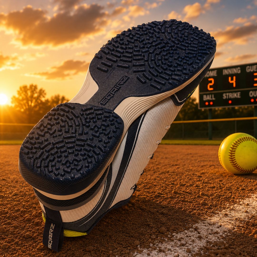 Navy Blue and white SQAIRZ youth baseball and softball turf shoes with durable rubber outsole and enhanced turf traction pattern.