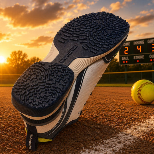 Navy Blue and white SQAIRZ youth baseball and softball turf shoes with durable rubber outsole and enhanced turf traction pattern.