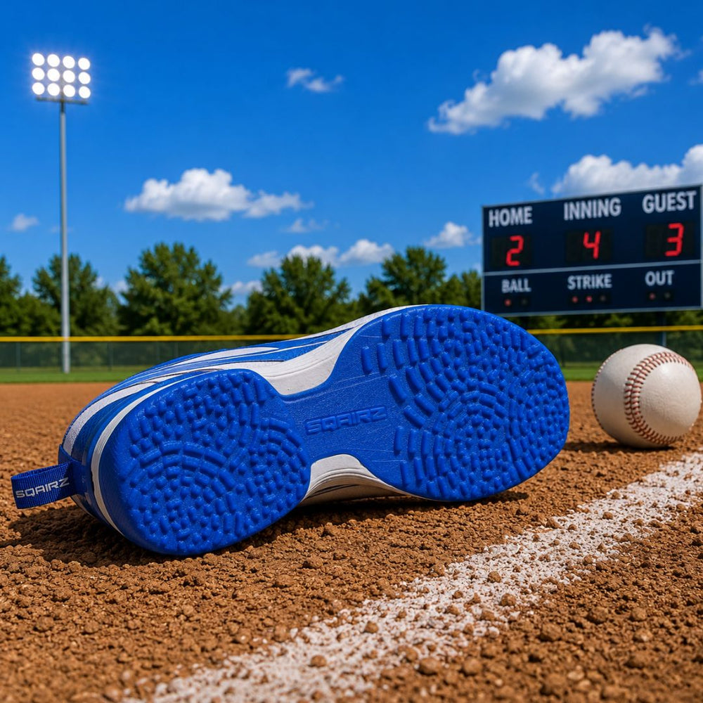 Bottom view of SQAIRZ youth baseball and softball turf shoes featuring a high-traction outsole designed for grip, stability, and performance on artificial turf fields.