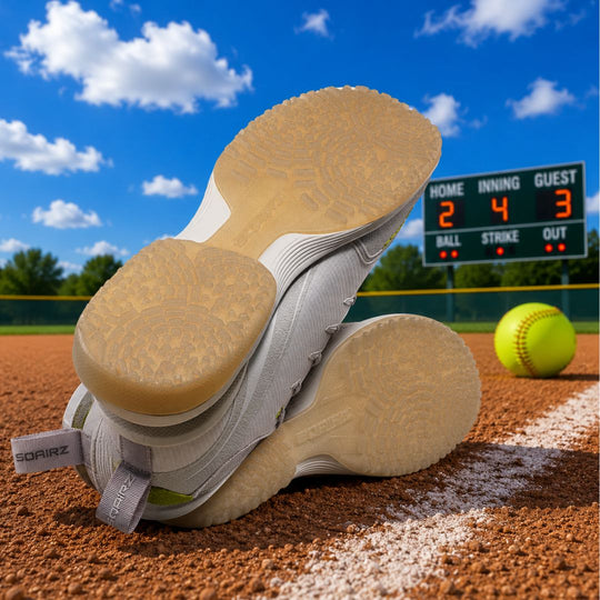 Bottom view of SQAIRZ boys, girls baseball and softball turf shoes featuring a high-traction outsole designed for grip, stability, and performance on artificial turf fields.