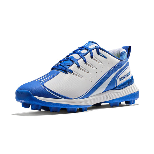 A front angle highlighting the patented wide toe box on a SQAIRZ molded cleat, engineered to increase stability and help baseball and softball players generate more power.