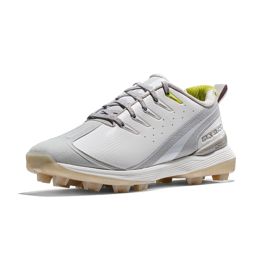 Wide toe box view of a gray SQAIRZ adult molded baseball and softball cleat designed to improve stability, balance, and comfort for players on the field.