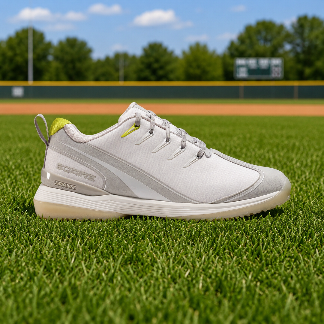 SQAIRZ GFP2 women's softball turf shoes in white and gray for turf fields batting cages and softball training