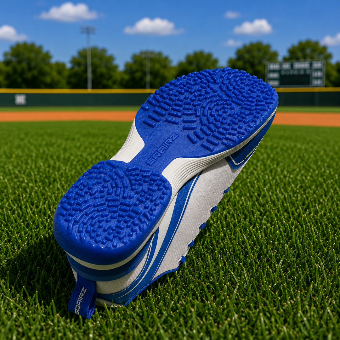 Rear heel on royal SQAIRZ GFP2 softball turf shoe featuring integrated stability support for balance and comfort