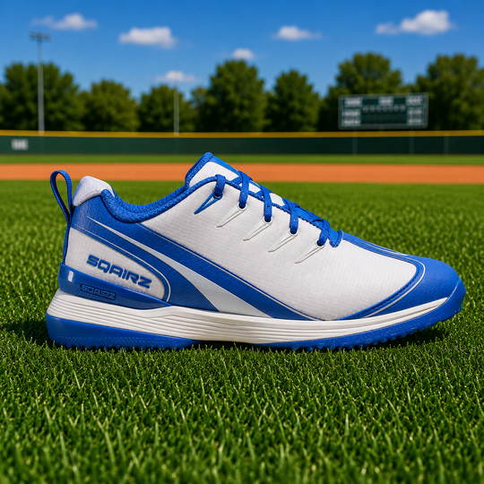 SQAIRZ GFP2 women's royal blue softball turf shoes in white and gray for turf fields batting cages and softball training